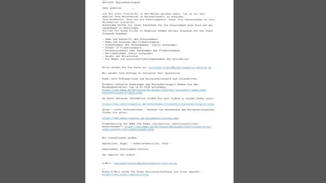 Gefälschte Mail zum Kurzarbeitergeld im Umlauf
